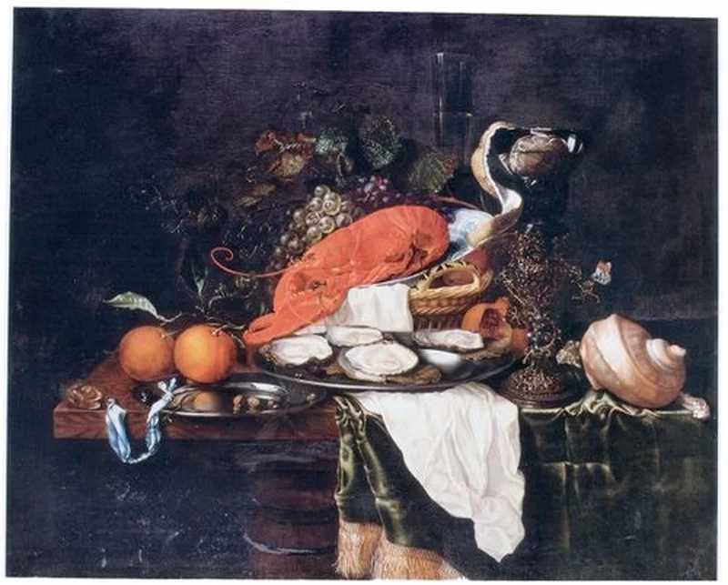 Natura morta con frutta, ostriche e aragosta